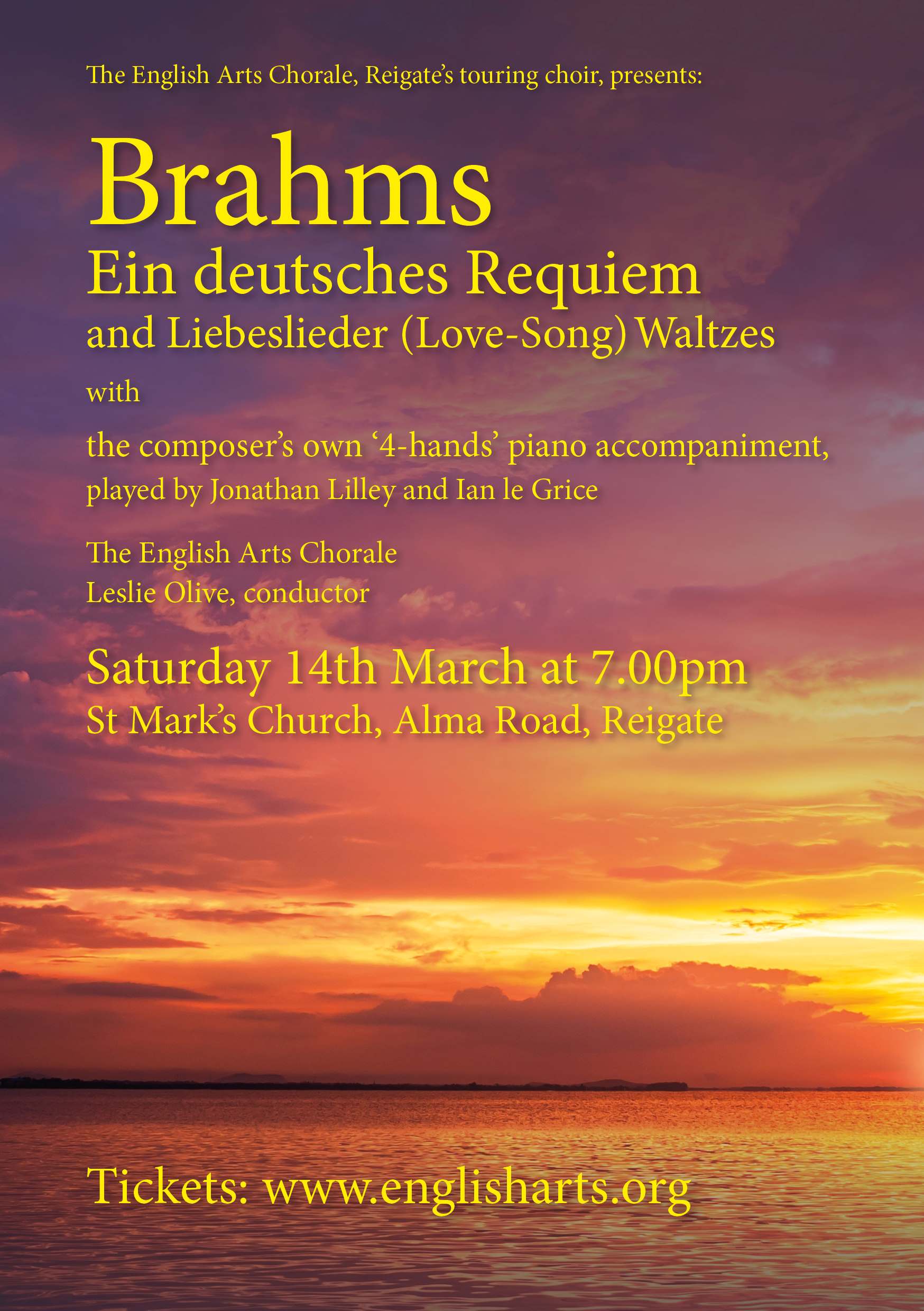 EAC Concert Flyer for Brahms Requiem on 14th March 2026 in St Mark's Church, Reigate